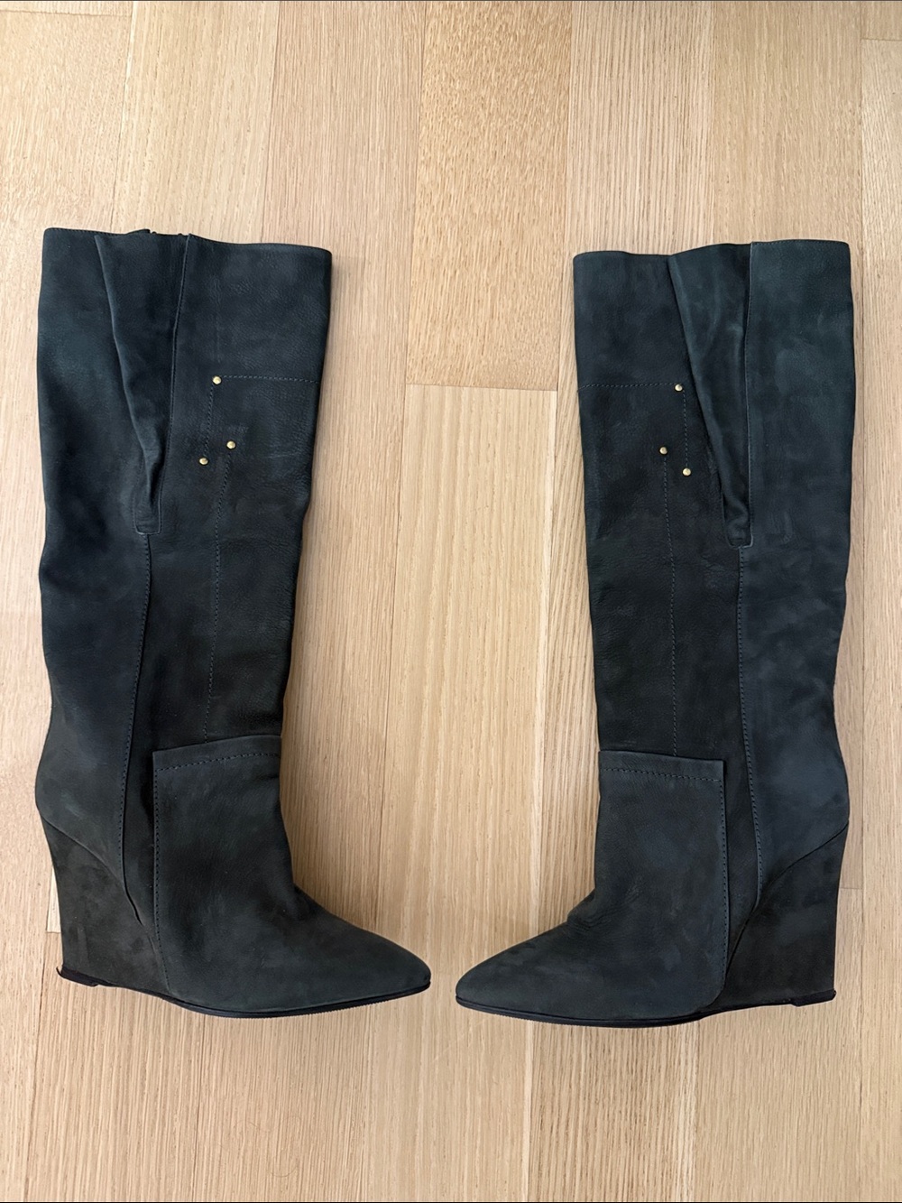 Women's Jerome Dreyfuss Fold Over Dark Gray Suede Wedge Knee-High Boots